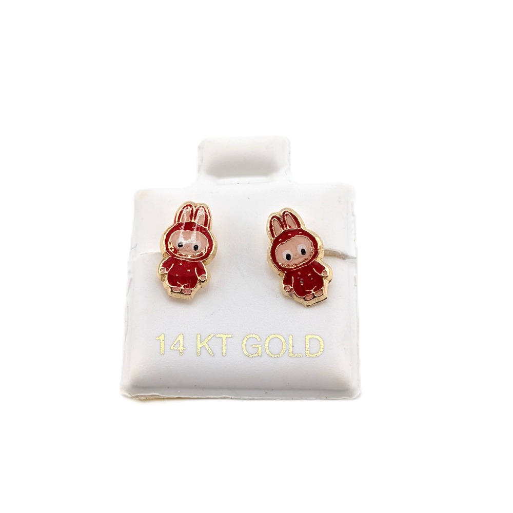 Women's 14k Solid Gold Labubu Red Stud Earrings Pop Mart Whimsical Elf **